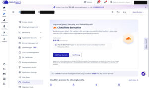Cloudways Cloudflare Enterprise 啟用頁面與方案資訊,敏感資料已遮蔽