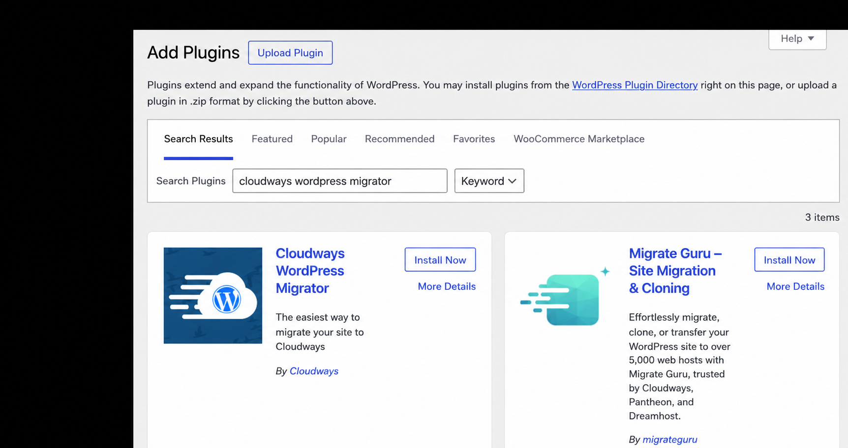 步驟 2：搜尋 Cloudways WordPress Migrator 外掛，管理資料已遮蔽