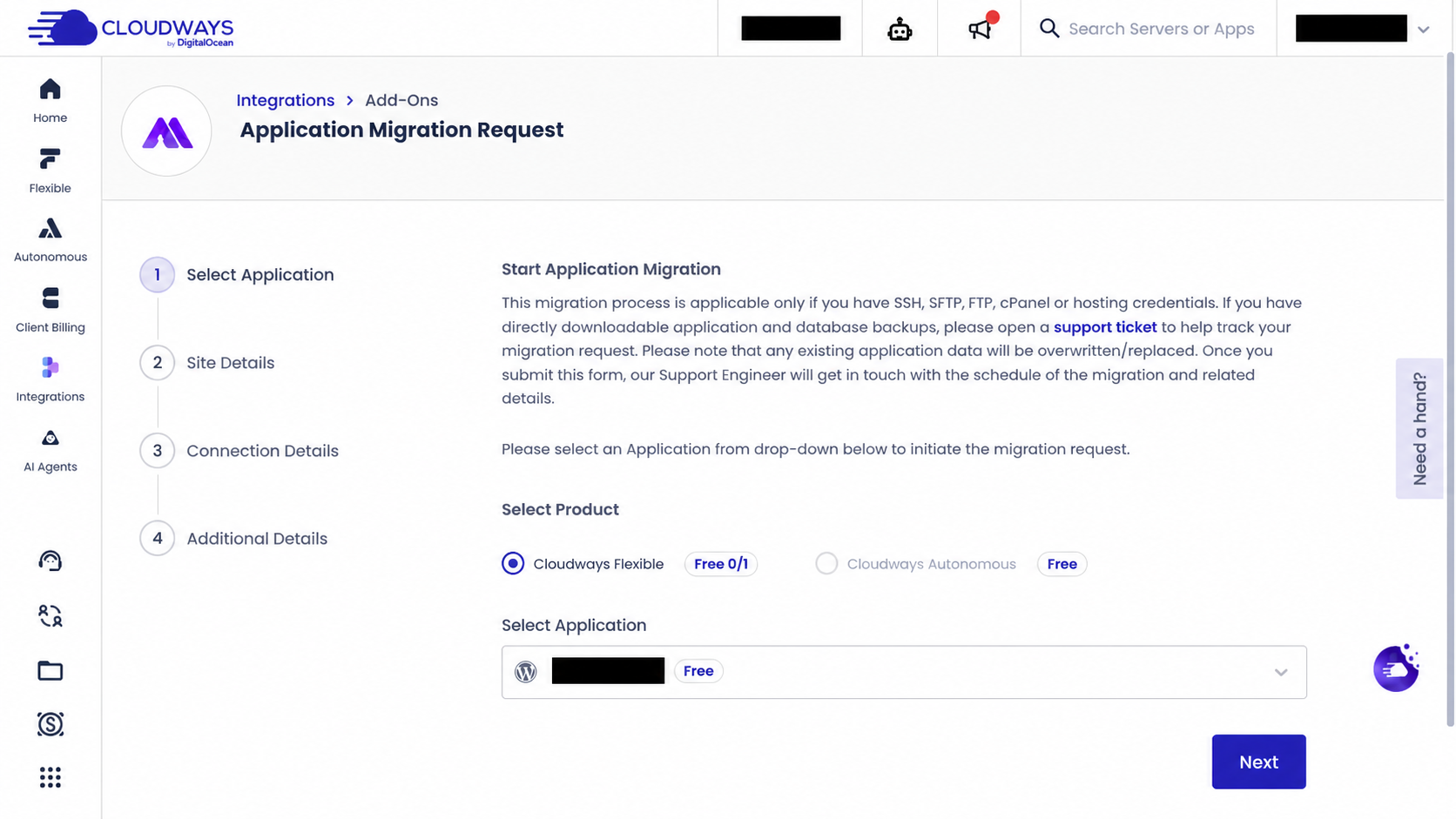 步驟 2：在 Application Migration Request 選擇目的地，名稱已遮蔽