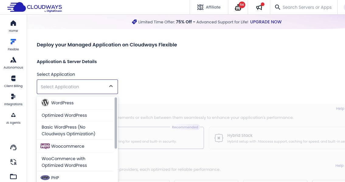 步驟 2：在 Select Application 選單選擇 WordPress