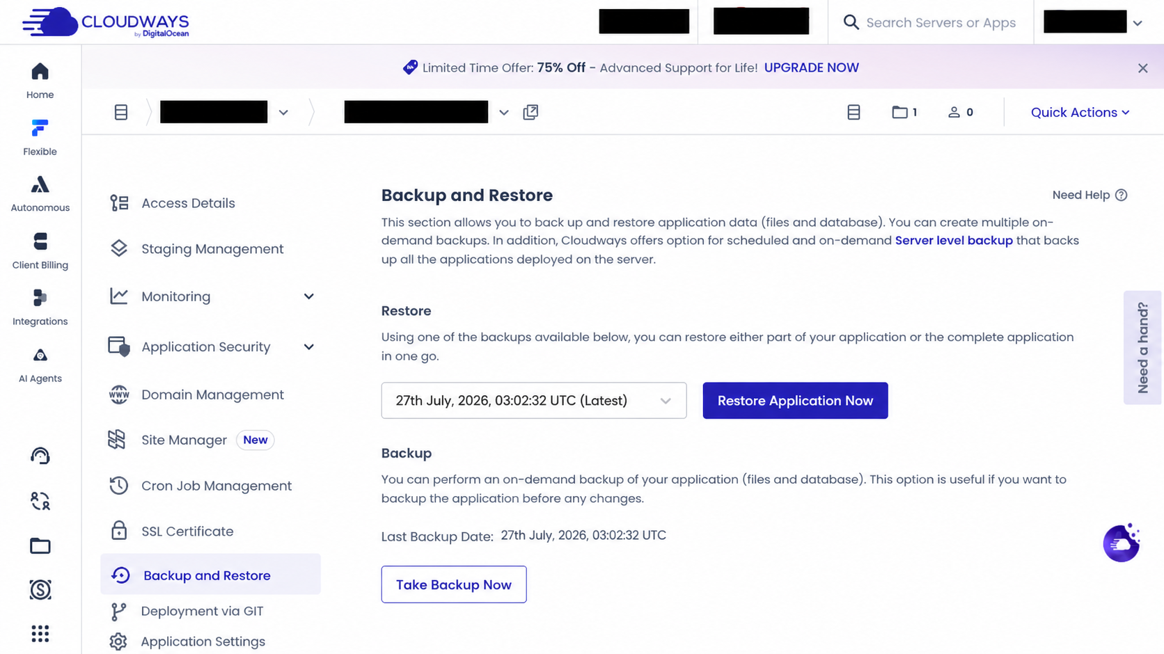步驟 4：在 Cloudways 核對 Backup and Restore，帳戶資料已遮蔽