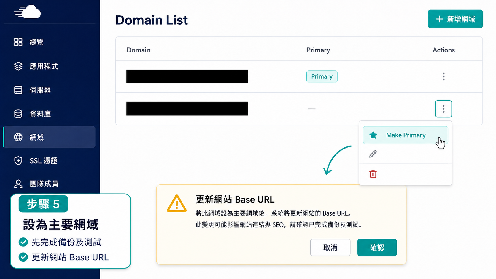 步驟 5：把已驗證的正式網域設為 Primary