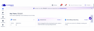 Cloudways 儀表板的 Flexible 與 Autonomous 服務入口，個人資料已遮蔽